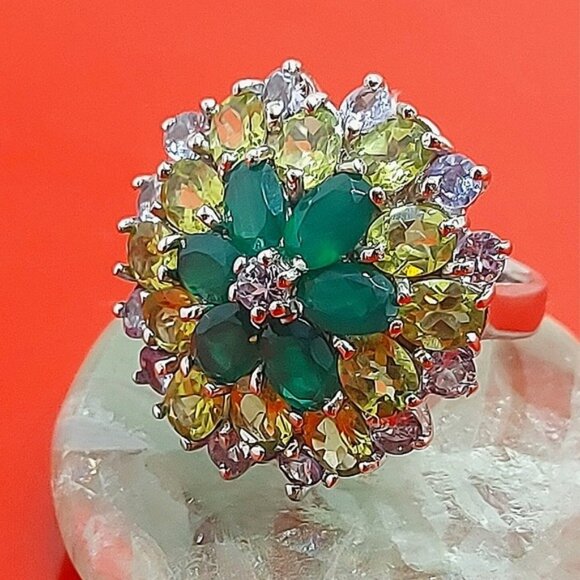 Natural Aventurine 6x4mm, Peridot, Tanzanite 925 Sterling Silver Ring Size 6.75 - Picture 2 of 11